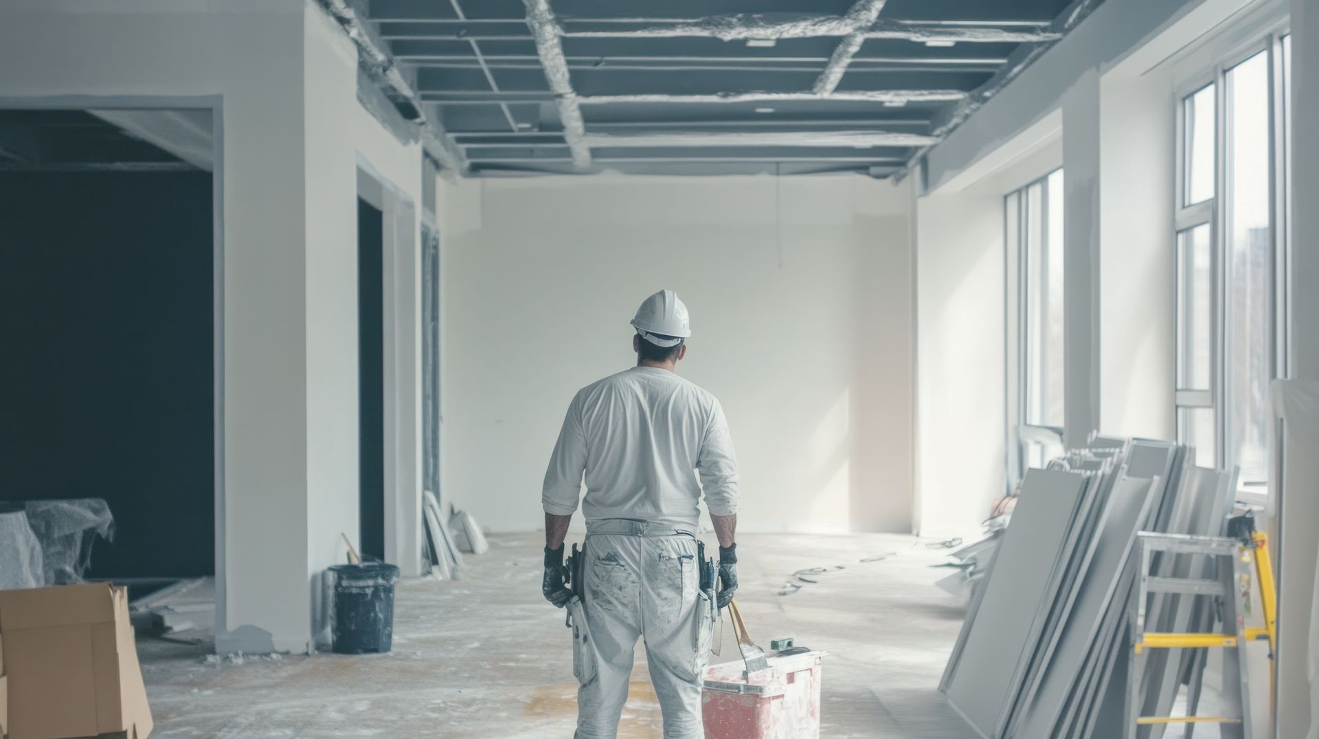 Construction worker in white protective gear stands in unfinished interior, facing away.