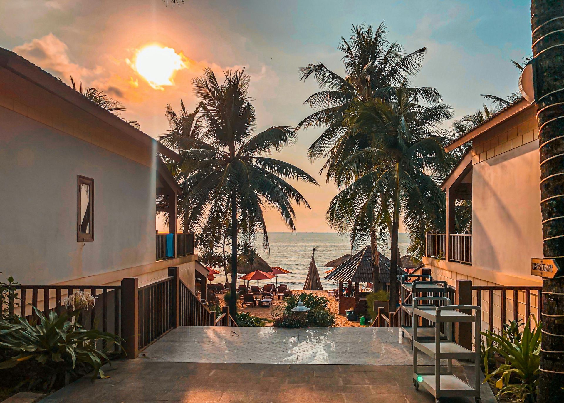 Sunset view between two buildings with palm trees towards beach.
