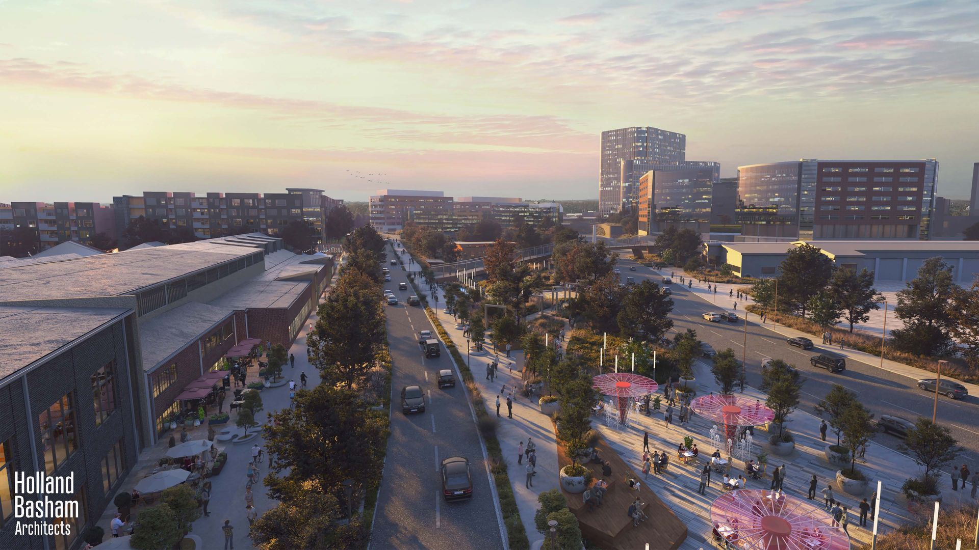 Aerial view of a city street with buildings, cars, trees, and pedestrians; dusk with a golden sky.