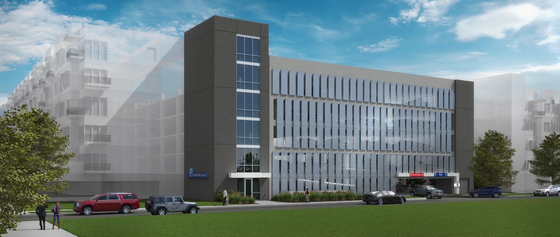 Office building exterior with brick and glass, CORE signage, REDWOOD OFFICE logo, cars in front, sunny.