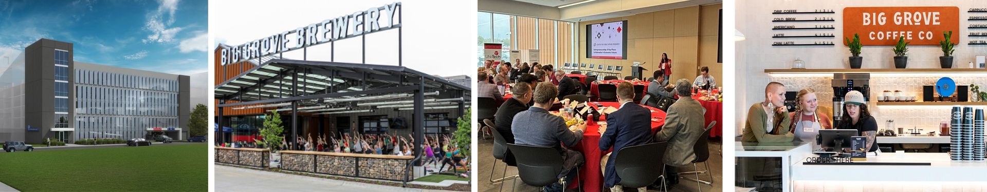 Coffee shop interior: barista serving customers at a counter with wooden paneling; orange Big Grove sign.