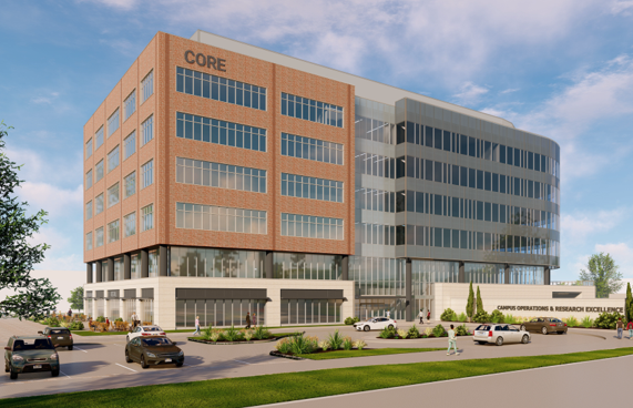 Modern office building with the word 