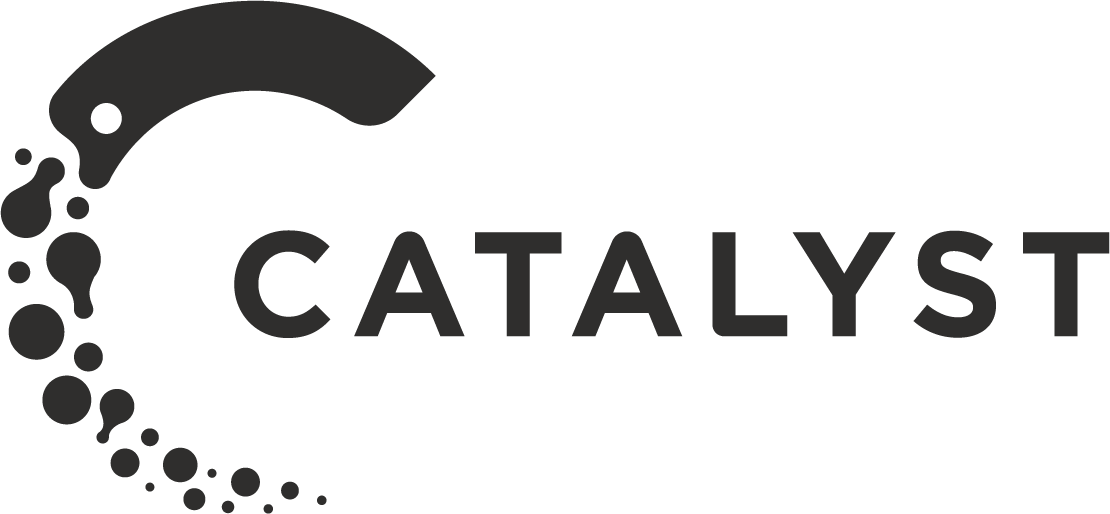Black and white Catalyst logo: a crescent shape with connecting bubbles around text that reads CATALYST.