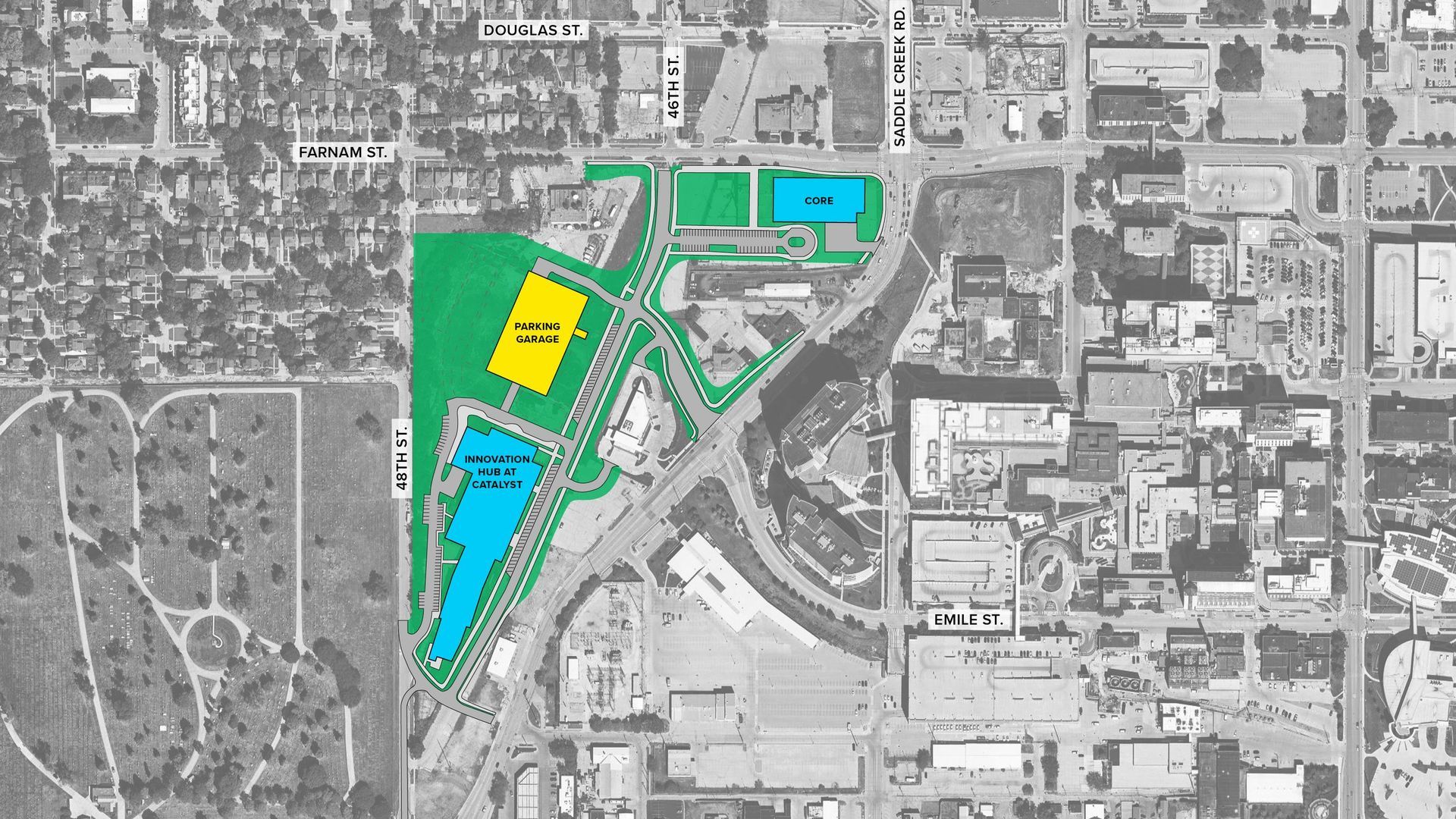 Aerial view of a development plan, highlighting park areas in blue, green, and yellow, near a river and city buildings.