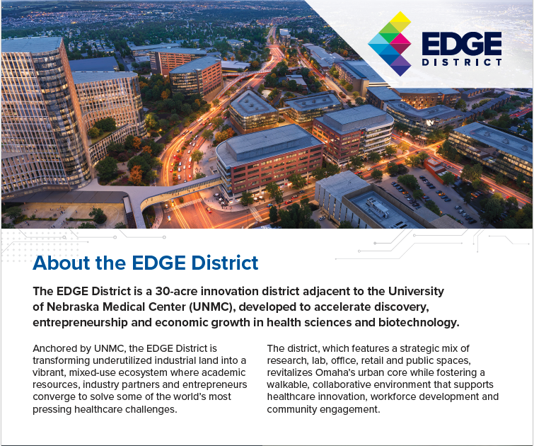 Aerial view of the EDGE District, a 30-acre innovation district near UNMC, with text about its focus on health sciences.