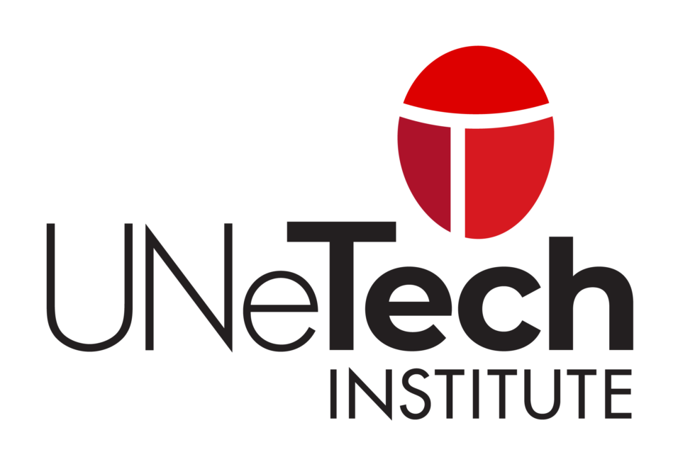 Logo for UNetech Institute: Black text on white with a red graphic of a circle and "T".