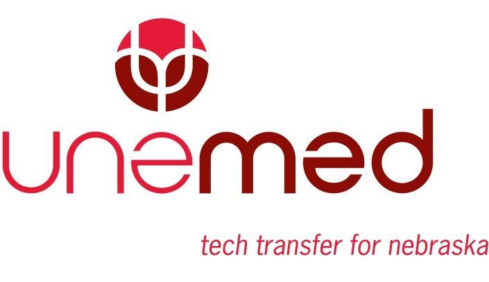 Logo for UNMC's tech transfer, "UNeMed," in red and white. Includes a stylized flower icon, with tagline "tech transfer for nebraska."