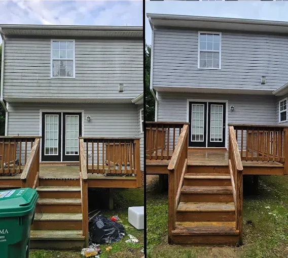 Before-and-after of a house exterior cleaned with a pressure washer. Shows siding, deck, and doors cleaned.