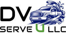 Logo for DV Serve U: Black letters "DV" with "SERVE U" below. Pickup truck being washed with water splashes. Green "U" at the end.
