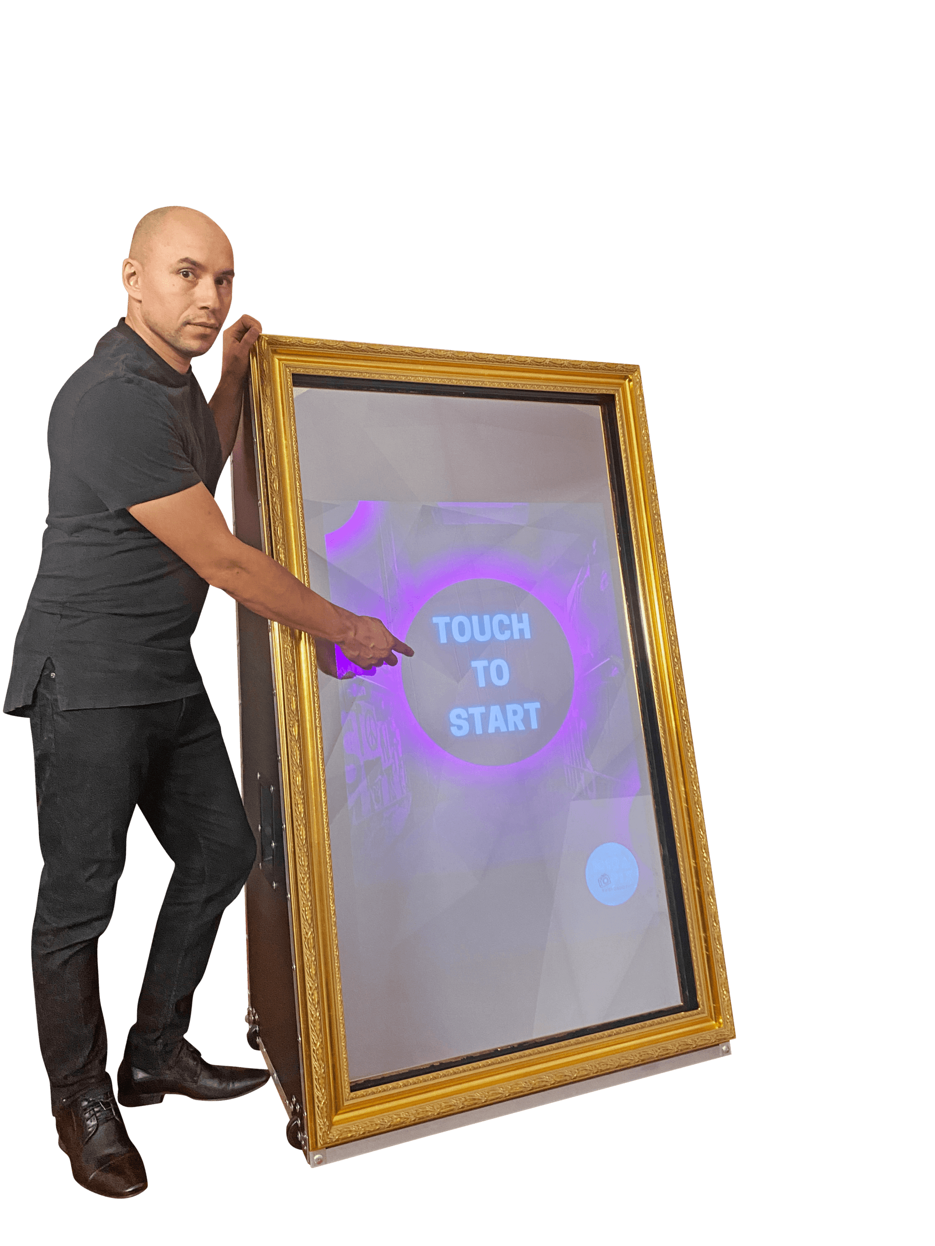 assistant standing with mirapix mirror photobooth