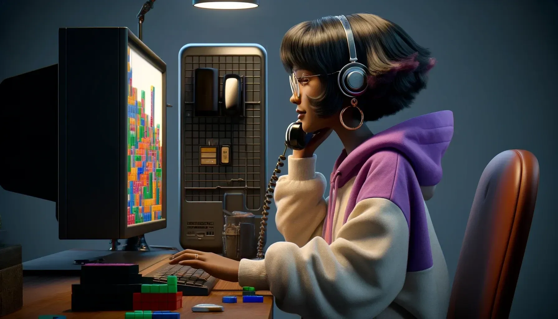 A woman wearing headphones is sitting at a desk playing a video game on a computer.