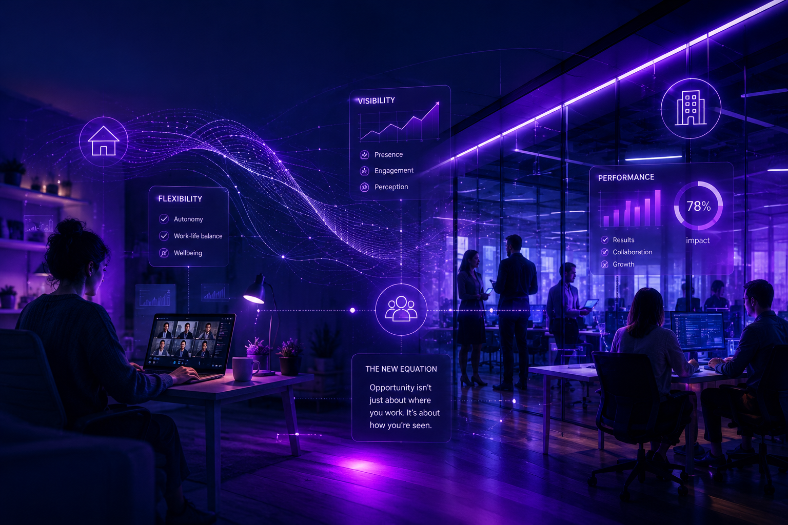Purple-lit futuristic conference room with people working at glowing digital displays and holographic interfaces