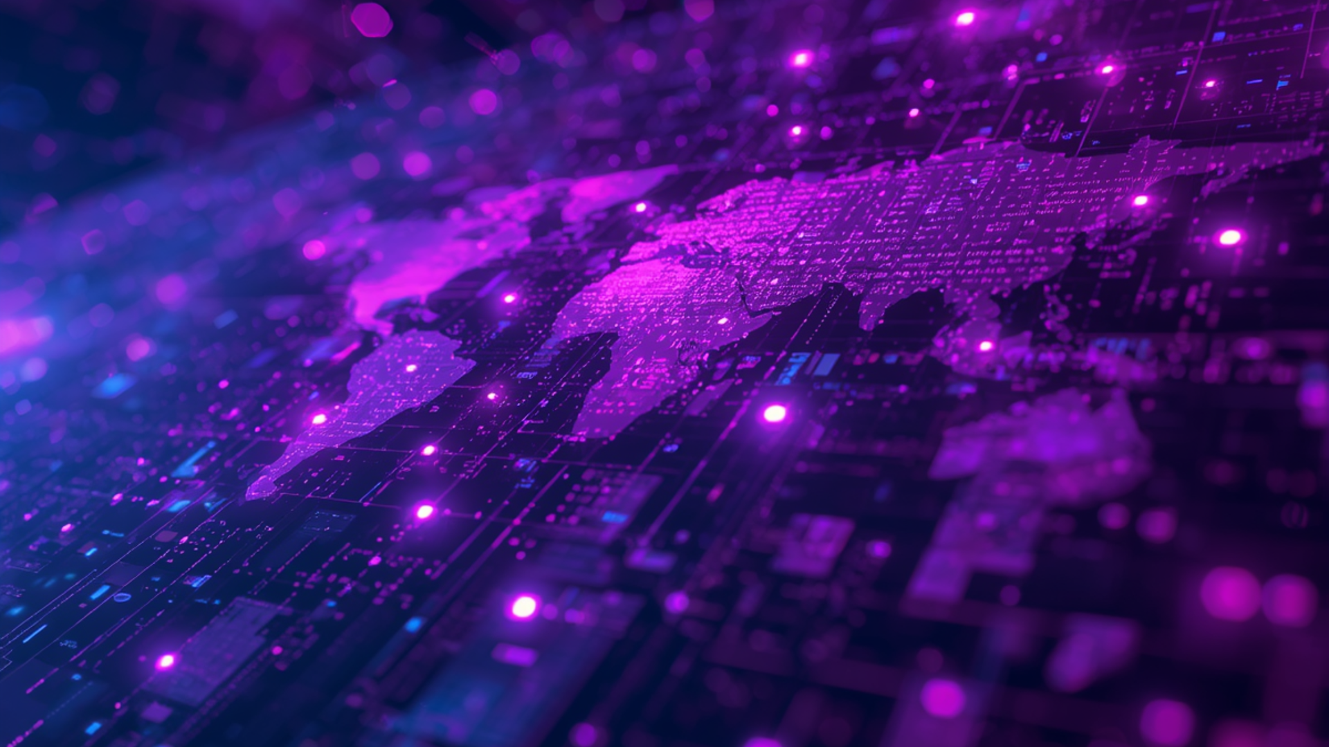 A digital world map made of glowing purple nodes and circuit-like lines on a dark, technical background.
