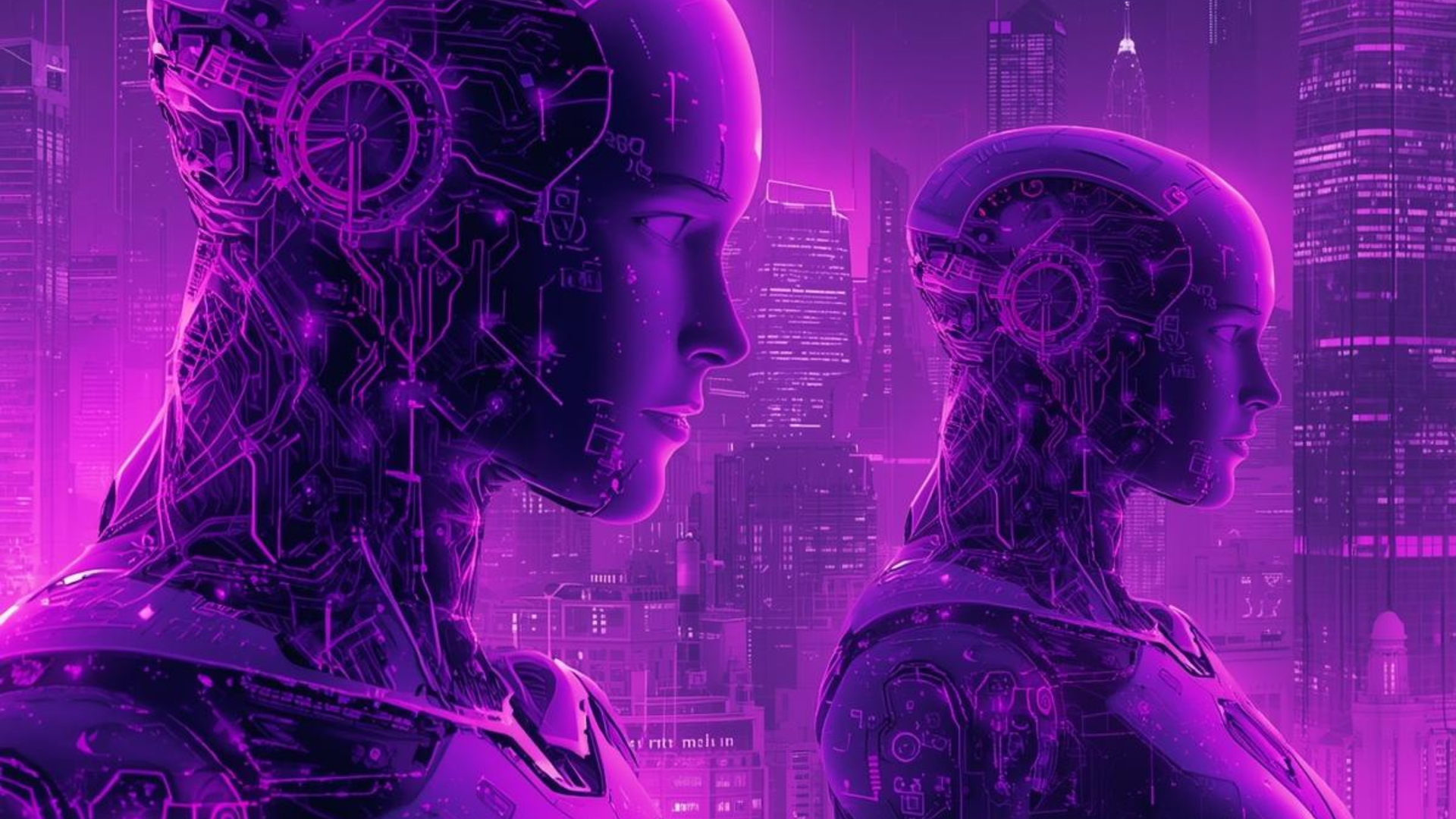 Two glowing purple cyborgs in front of a futuristic city skyline.