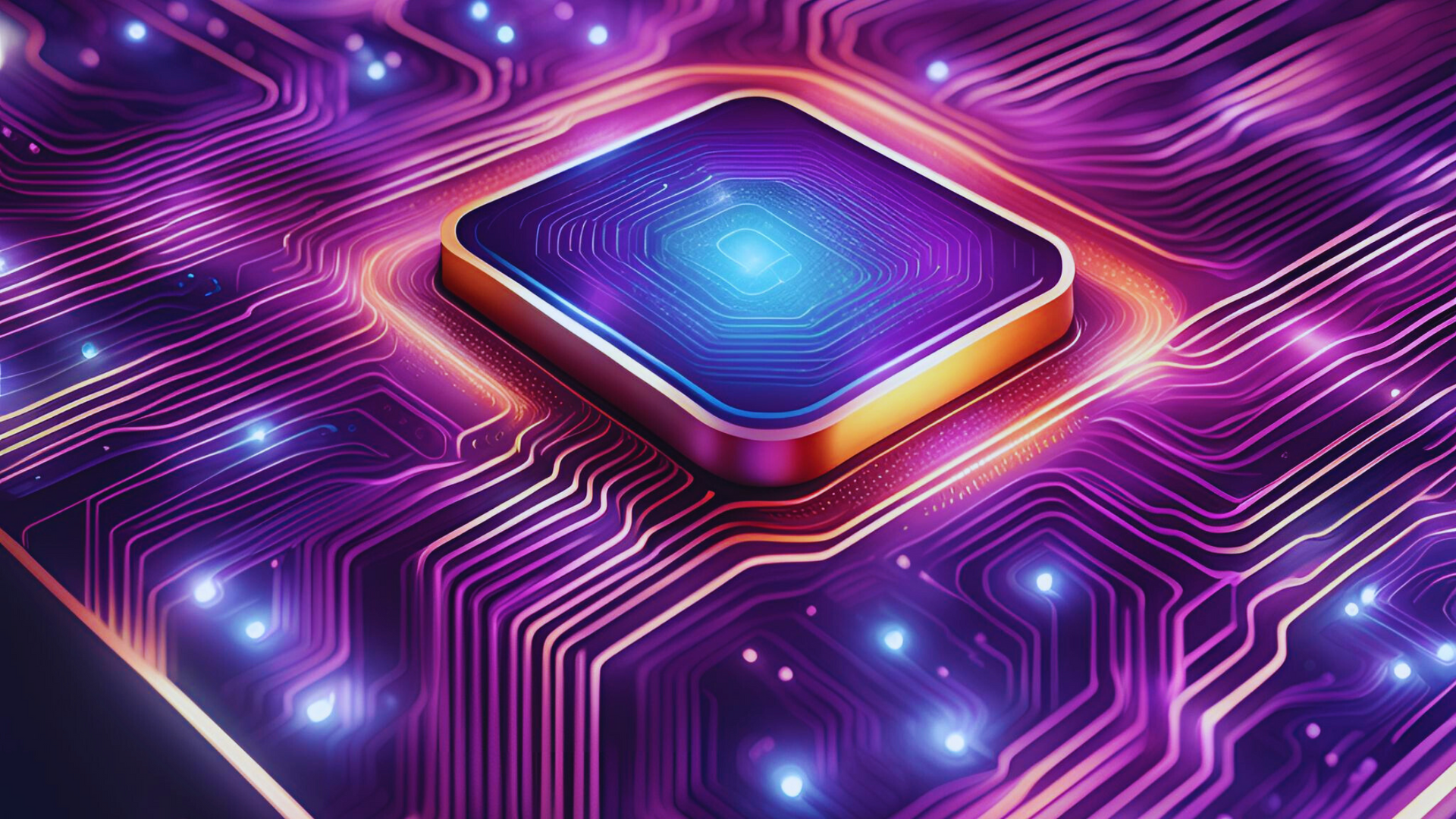 A computer chip is sitting on top of a purple motherboard.