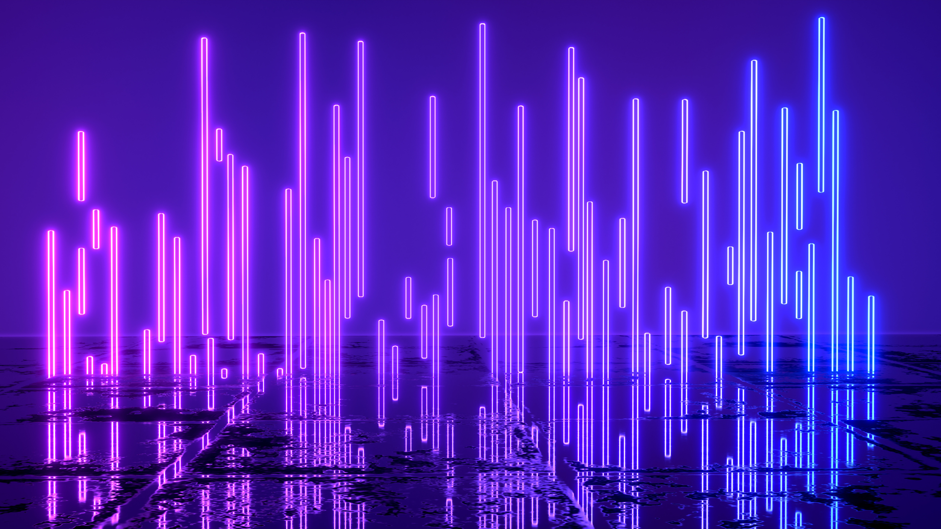 Purple and blue neon light bars glowing over a reflective digital landscape.