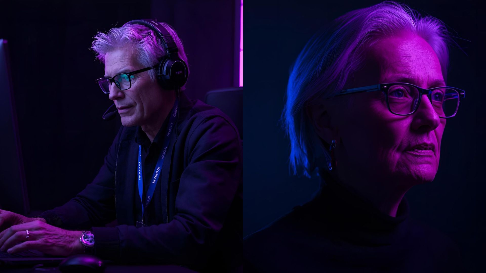 Man with glasses in purple-lit room; on left, wearing headset and typing; on right, looking to the side.