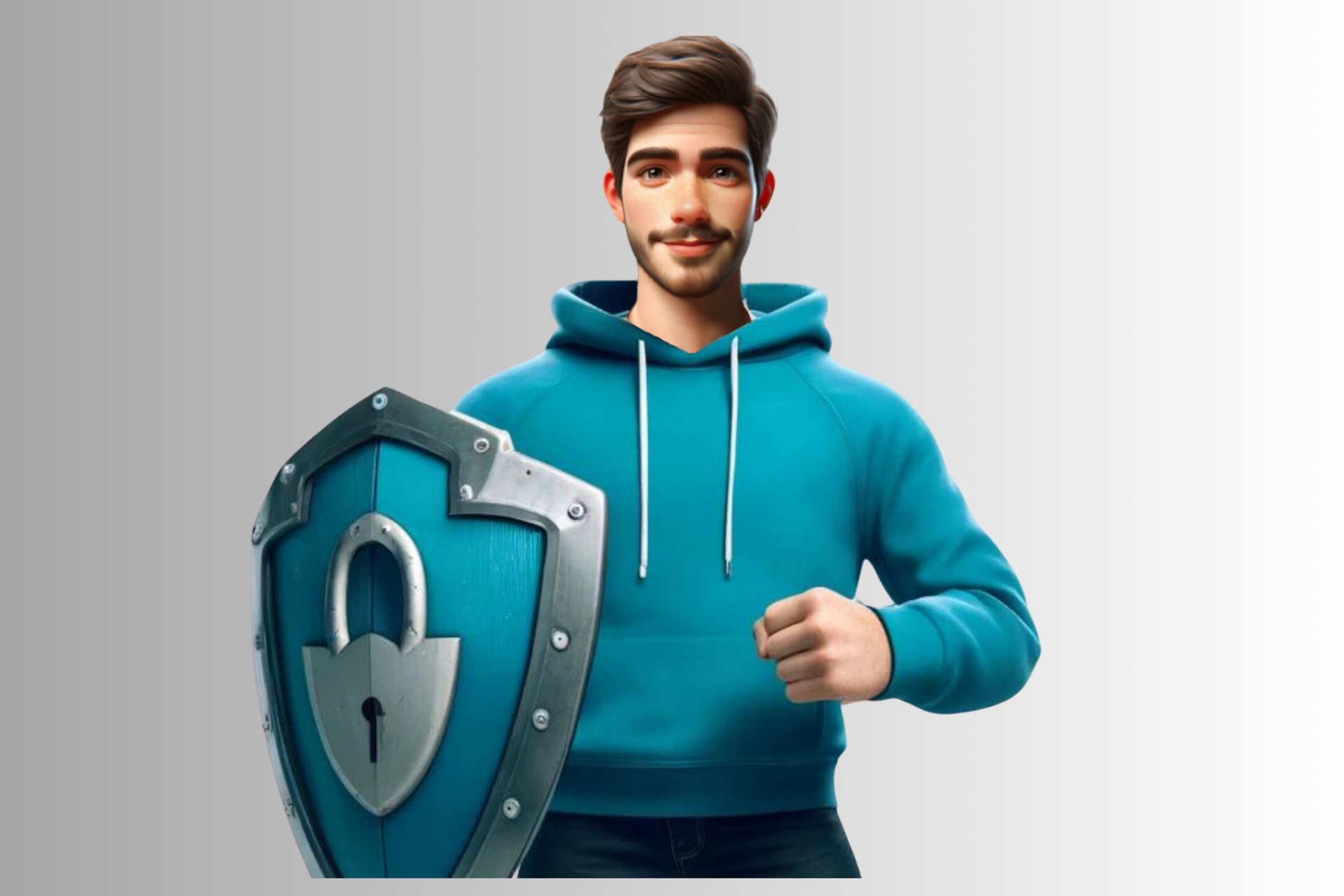 A man is holding a shield with a padlock on it.