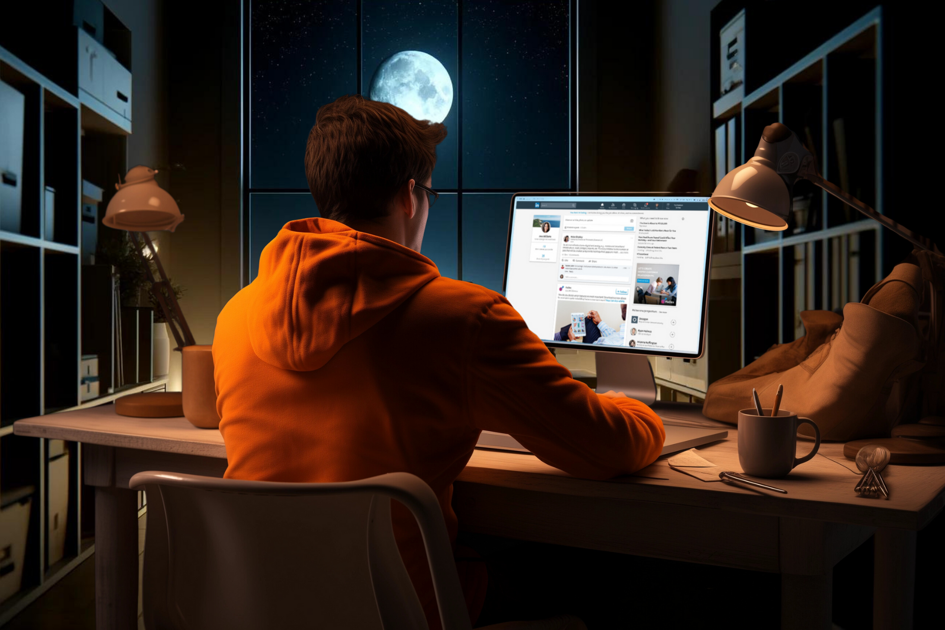 A man is sitting at a desk in front of a computer at night.