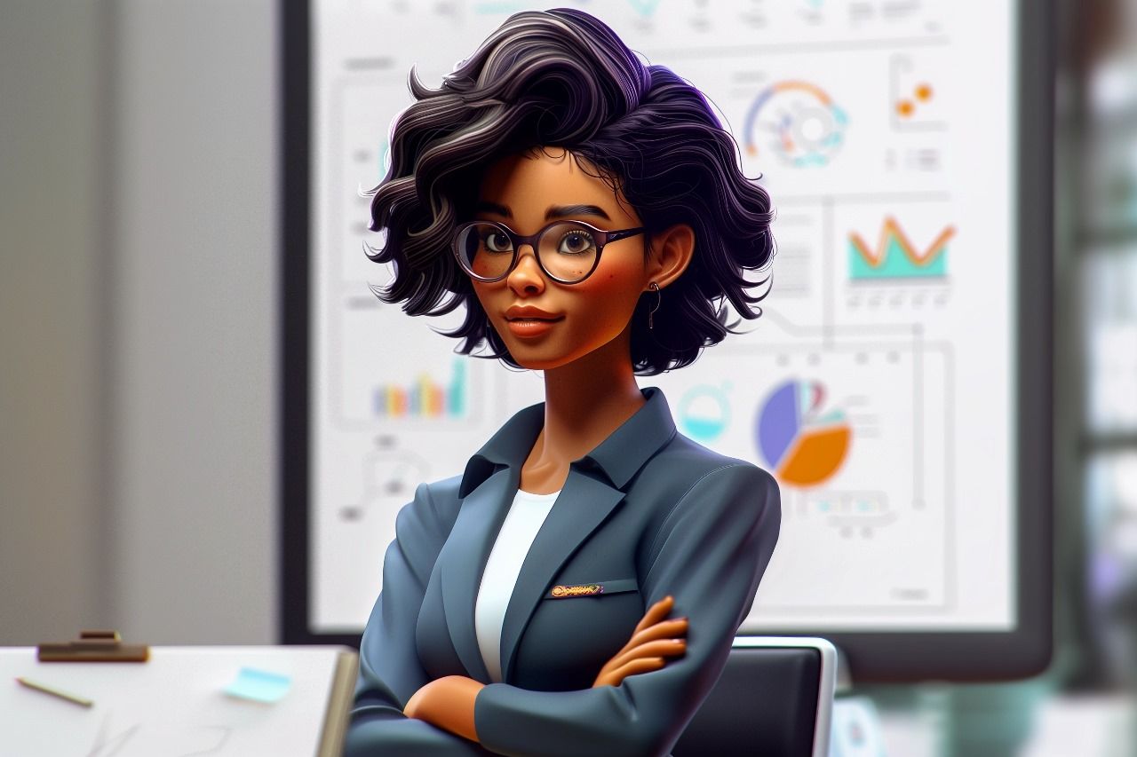 A woman in a suit and glasses is sitting at a desk with her arms crossed.