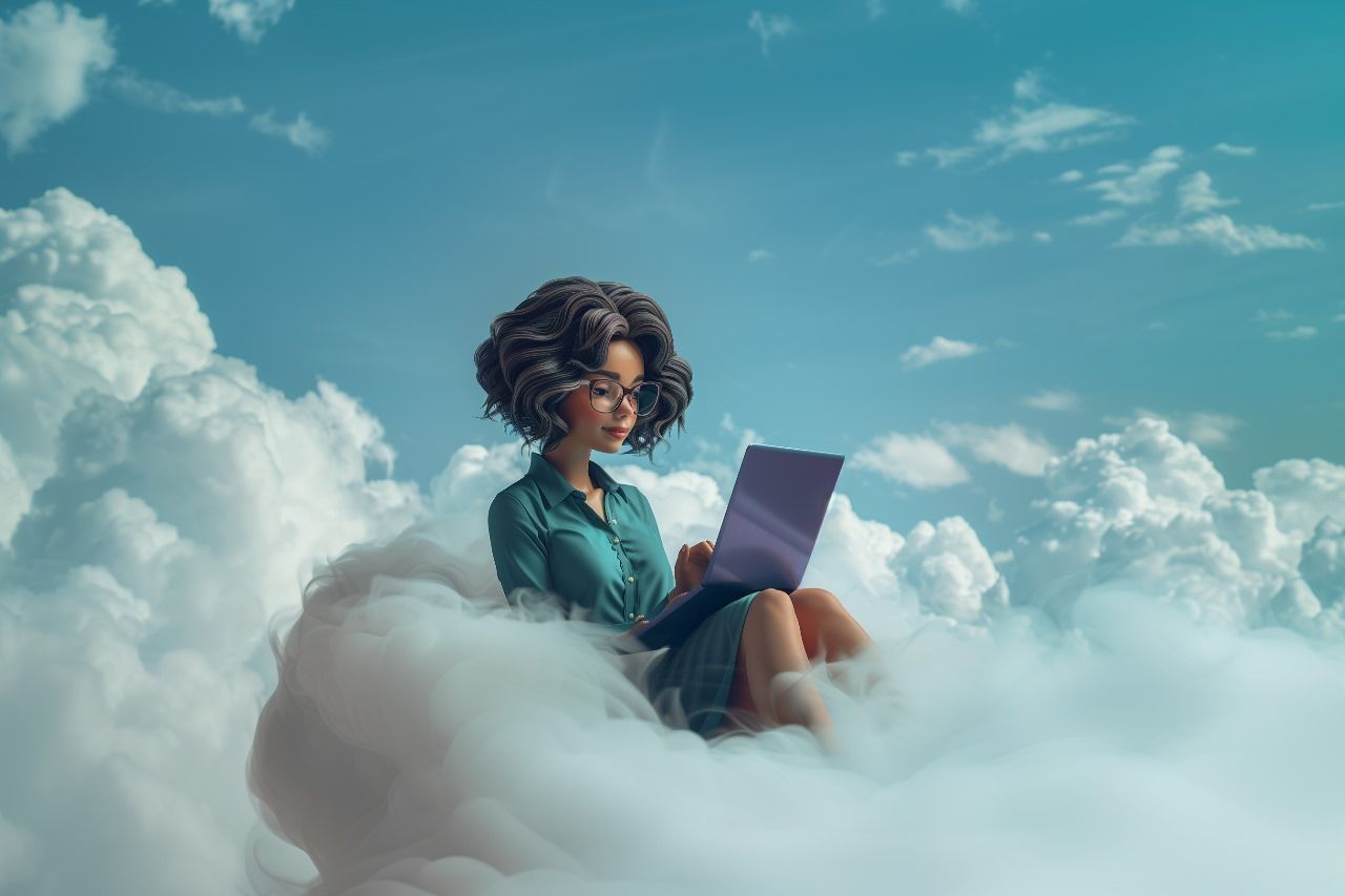 A woman is sitting on a cloud using a laptop computer.