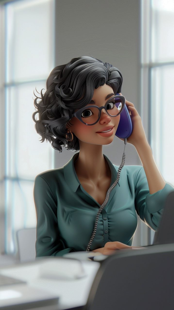A cartoon woman is sitting at a desk talking on a cell phone.