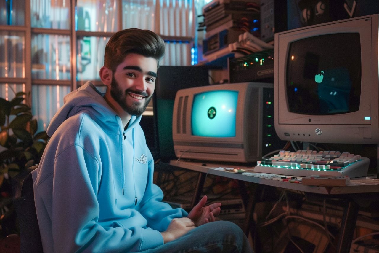 A man in a blue hoodie is sitting in front of a computer.