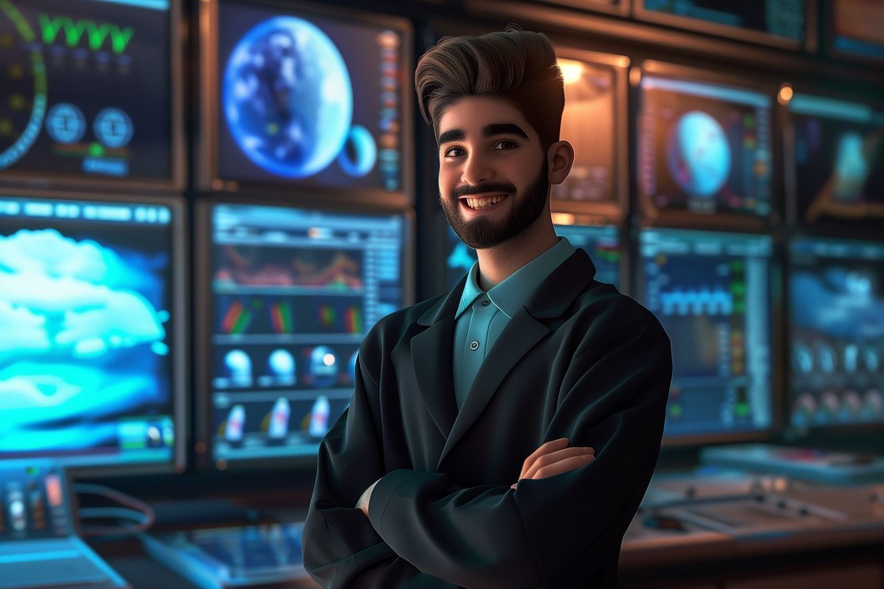 A man with a beard is standing in front of a wall of computer monitors.