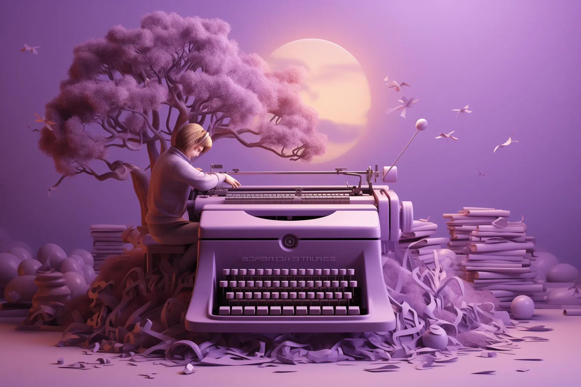 A woman is sitting at a typewriter under a cherry blossom tree.