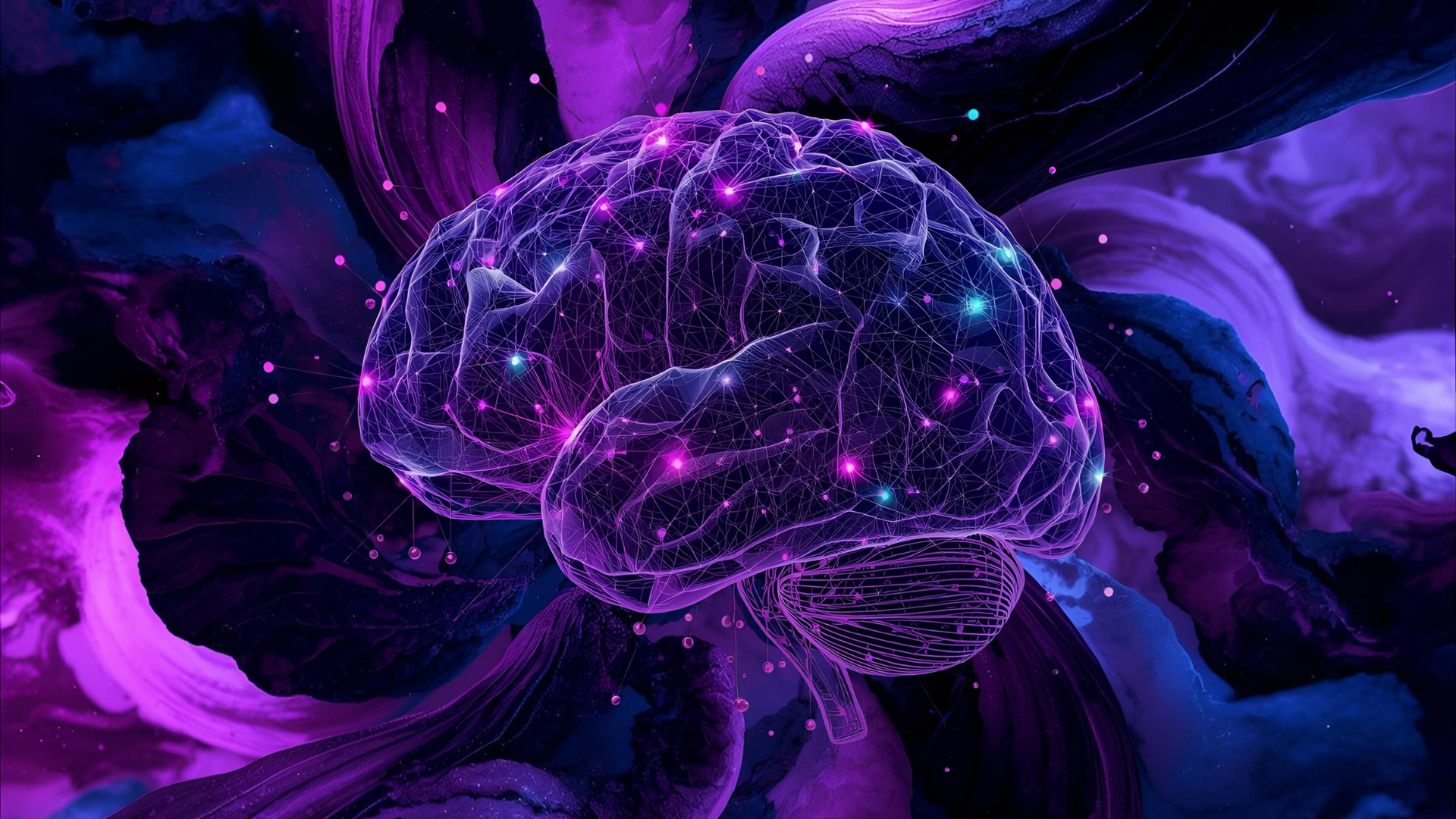 Glowing purple brain with interconnected lights, set against a swirling, dark purple and blue background.