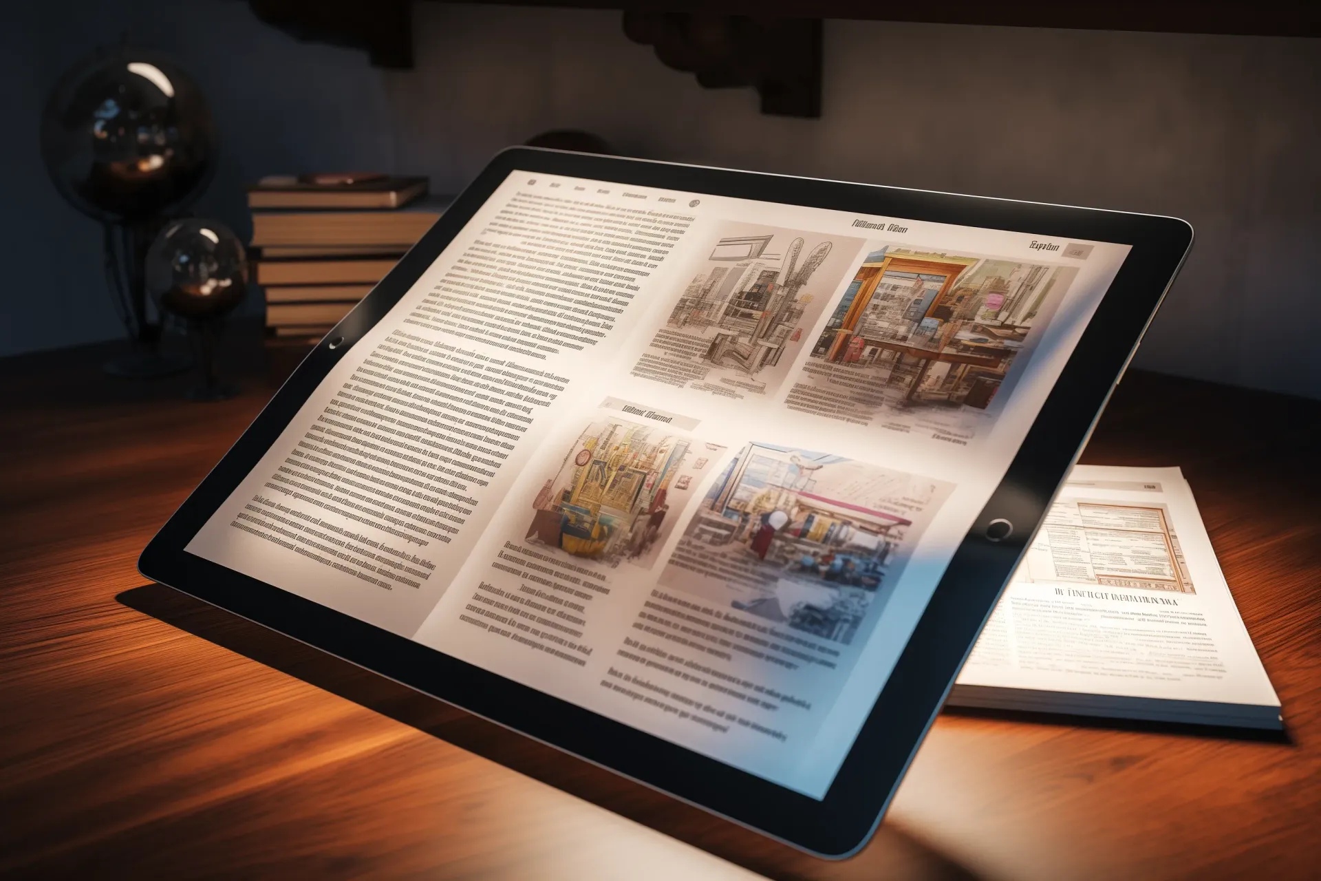 A tablet is open to a page of a book on a wooden table.