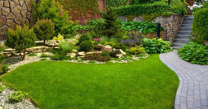 A lush green garden with a brick walkway leading to a stone wall and stairs.