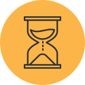 Hourglass icon, brown outline with sand in an orange circle. 