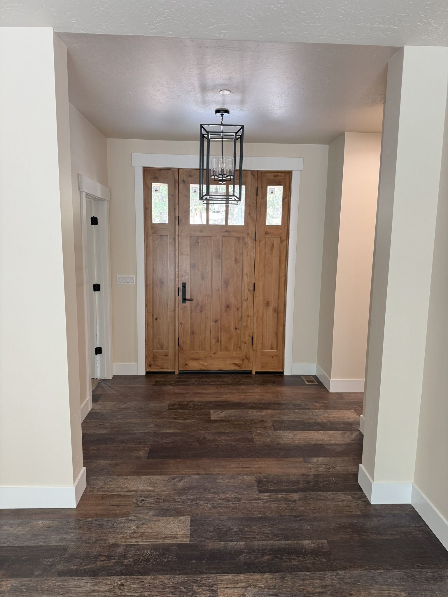 Hallway with dark wood floors, white walls, and a rustic wooden front door under a hanging lantern.