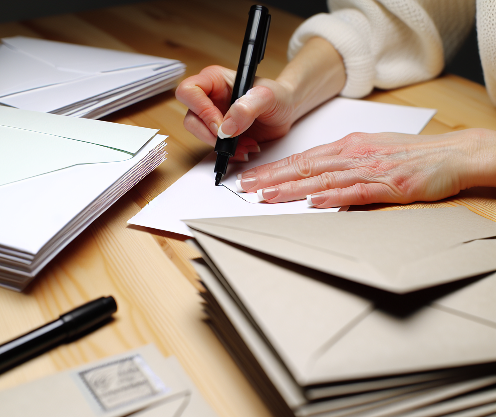 A person addressing a stack of envelopes