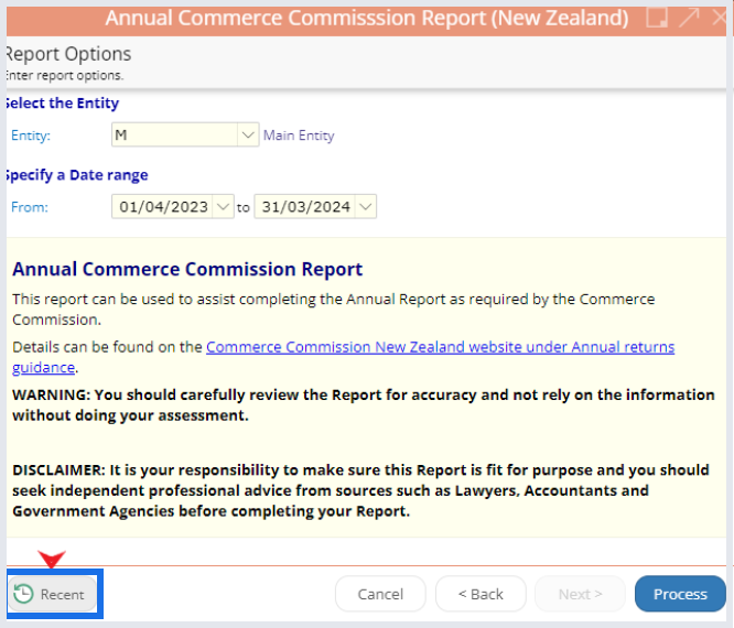 A screenshot of an annual commerce commission report options