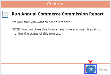 A computer screen asking if you want to run an annual commerce commission report.
