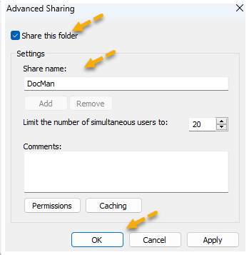 A screenshot of the advanced sharing window on a computer.