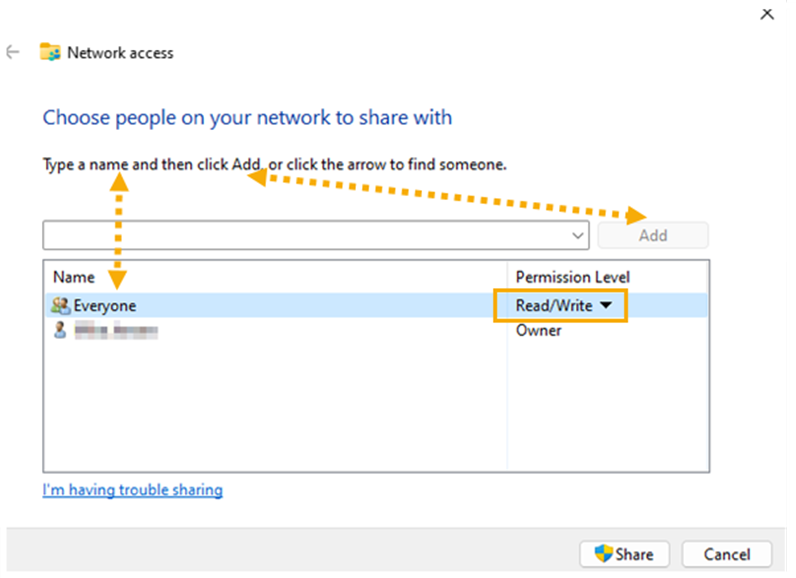 Screenshot showing how to choose people on your network to share with