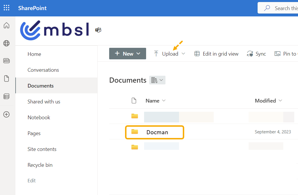 Screenshot of Sharepoint screen showing a folder called Docman and mbsl