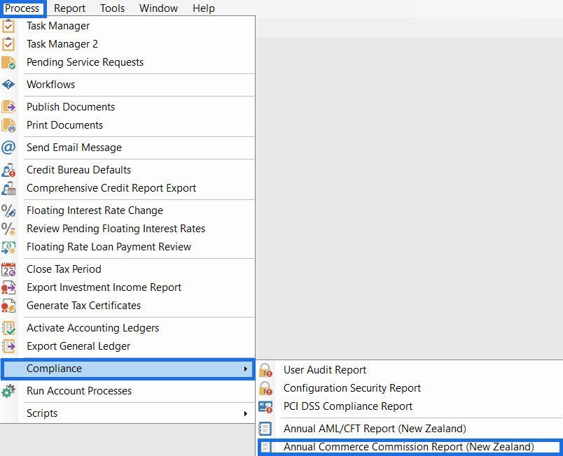 A screenshot of a computer screen showing the finPOWER Connect compliance menu