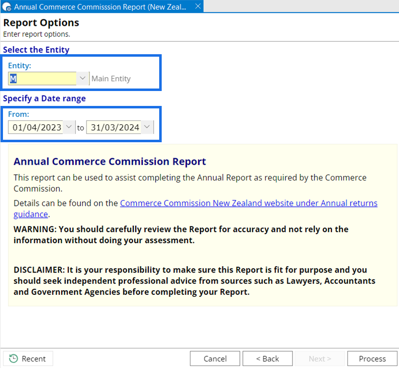 A screenshot of an annual commerce commission report options