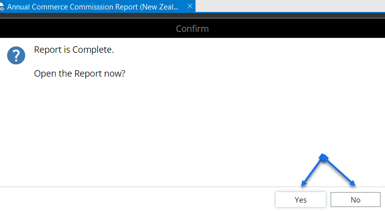 A computer screen asking if the report is and Open the report