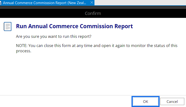 A computer screen asking if you want to run the annual commerce commission report.