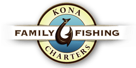 A logo for kona family fishing charters with a fish hook