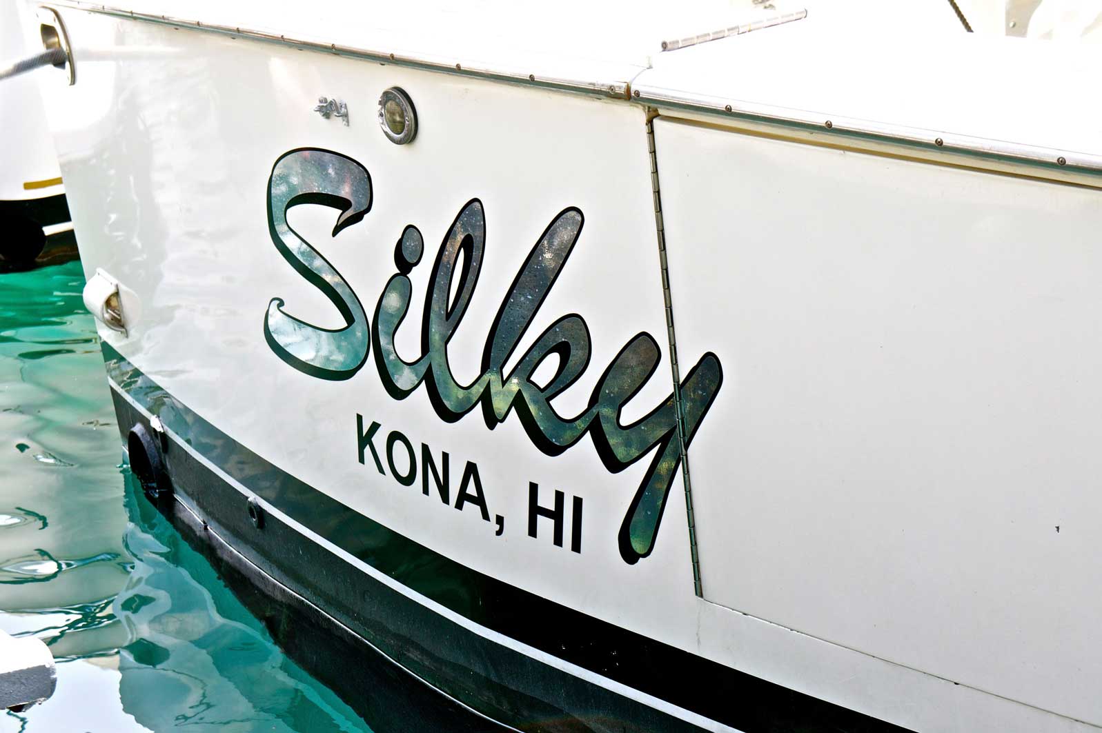 Silky Fishing Charter Boat name on back of boat