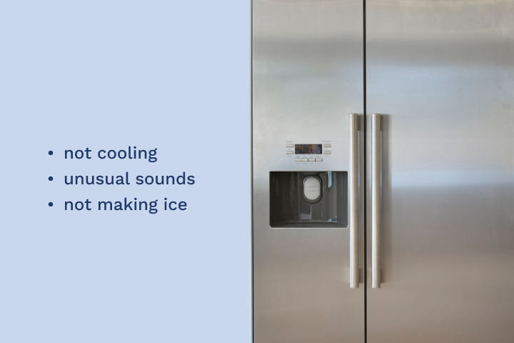 A stainless steel refrigerator with the words not cooling unusual sounds not making ice