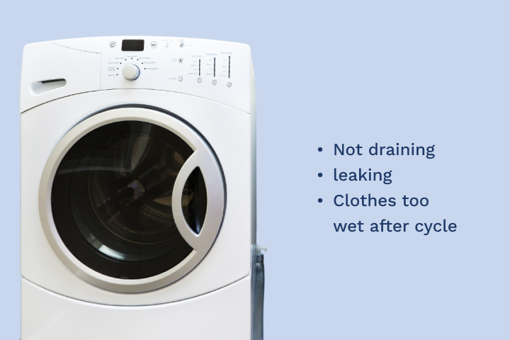 A white washing machine that is not draining leaking clothes too wet after cycle