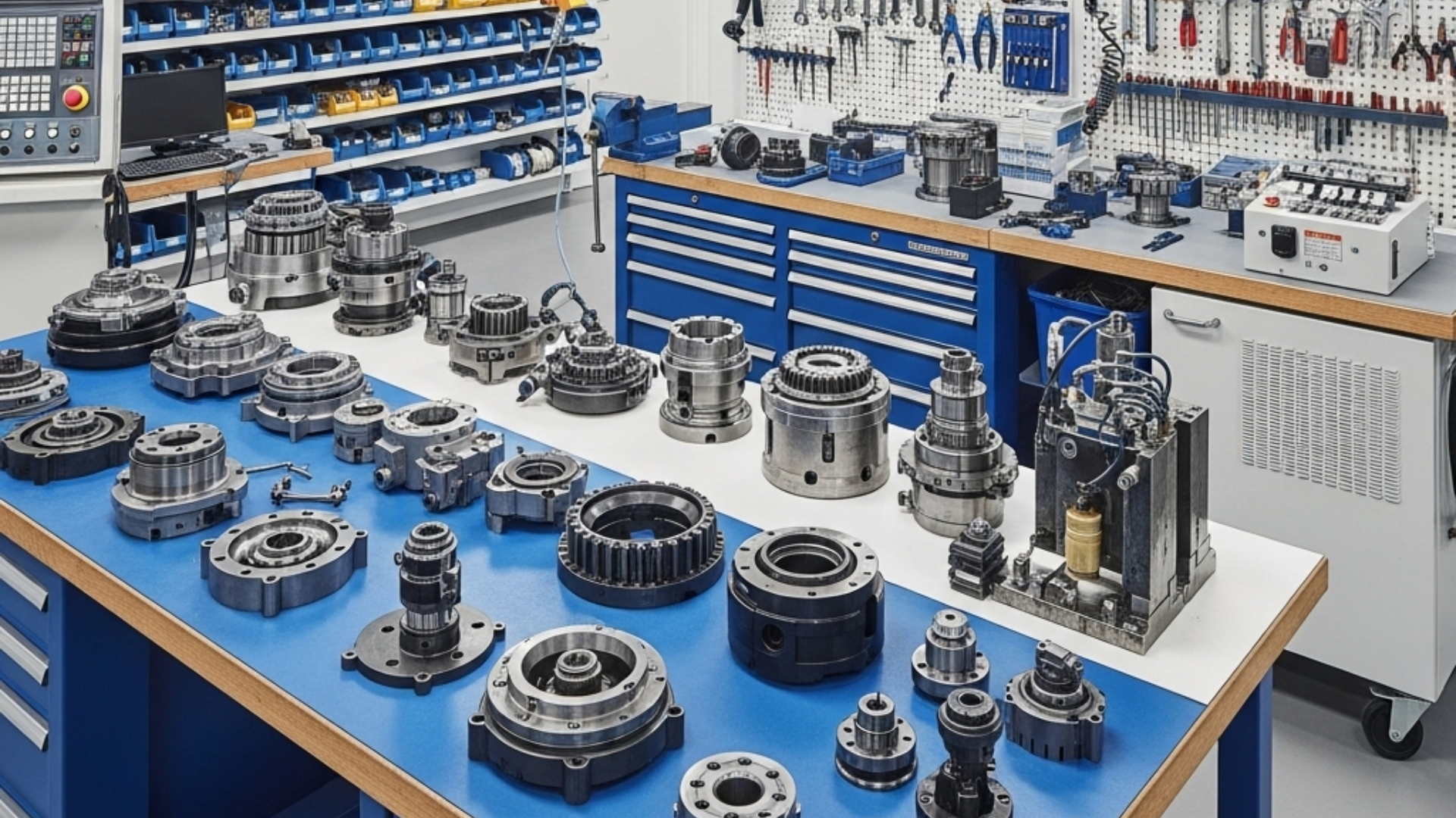 Metal machine parts displayed on a blue workbench in a well-lit workshop, tools and shelves in the background.