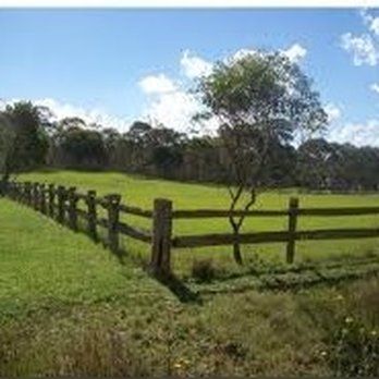 A wooden fence surrounds a grassy field with trees in the background.